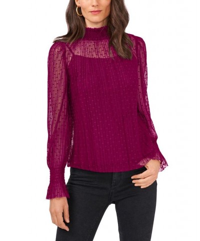 Women's Smocked Wrist Mesh Mock Neck Blouse Purple $31.83 Tops