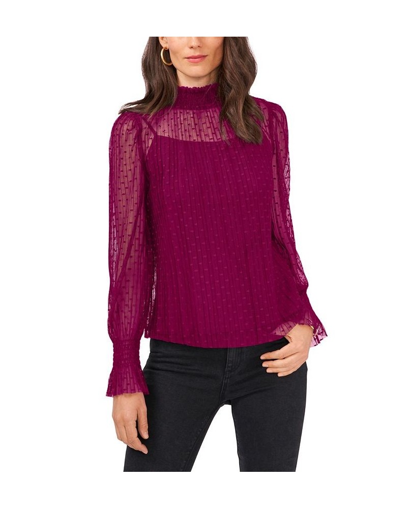 Women's Smocked Wrist Mesh Mock Neck Blouse Purple $31.83 Tops