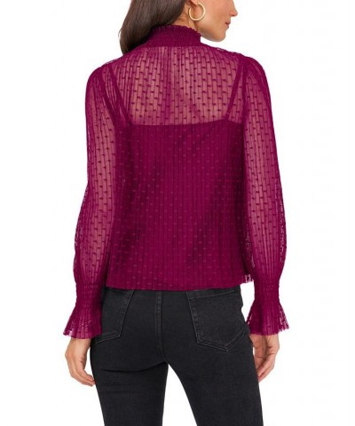 Women's Smocked Wrist Mesh Mock Neck Blouse Purple $31.83 Tops