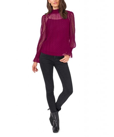 Women's Smocked Wrist Mesh Mock Neck Blouse Purple $31.83 Tops