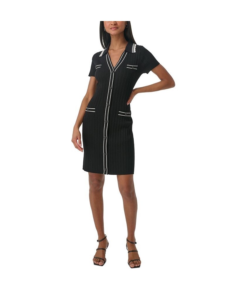 Women's Collared Short-Sleeve Sweater Dress Black $53.28 Dresses