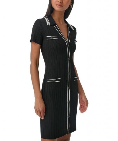 Women's Collared Short-Sleeve Sweater Dress Black $53.28 Dresses