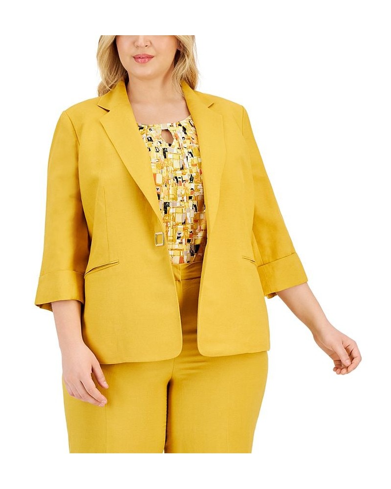 Plus Size Notch-Lapel Linen Snap-Front 3/4-Sleeve Blazer Butterscotch $74.50 Jackets