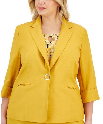 Plus Size Notch-Lapel Linen Snap-Front 3/4-Sleeve Blazer Butterscotch $74.50 Jackets