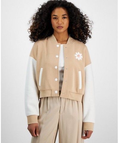 Juniors' Embroidered Colorblocked Bomber Jacket Tan/Beige $16.56 Jackets