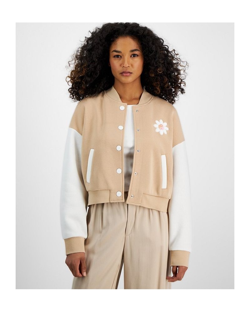 Juniors' Embroidered Colorblocked Bomber Jacket Tan/Beige $16.56 Jackets