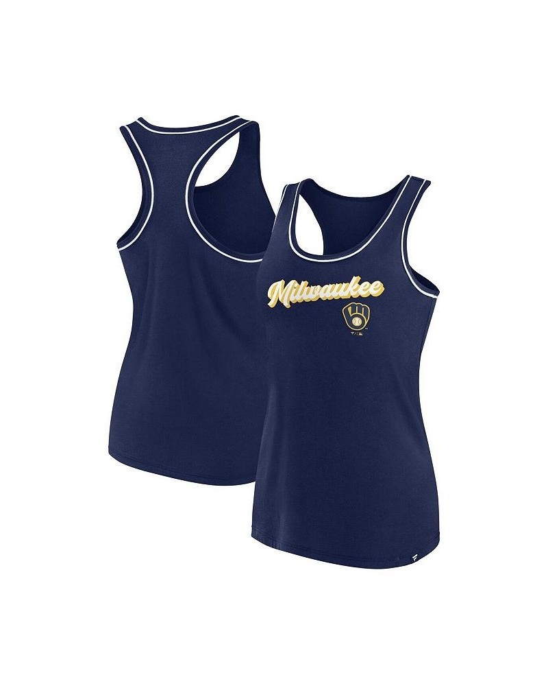 Women's Branded Navy Milwaukee Brewers Wordmark Logo Racerback Tank Top Navy $20.00 Tops