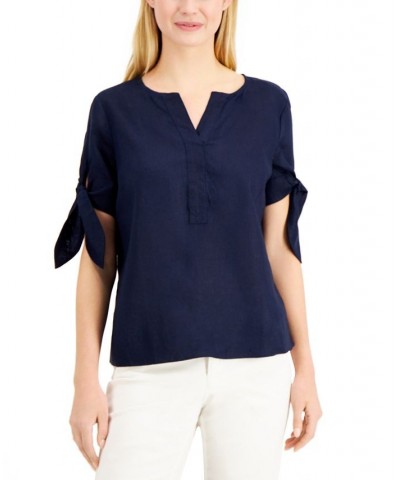 Women's Linen Split-Neck Tie-Cuff Top Bright White $16.30 Tops