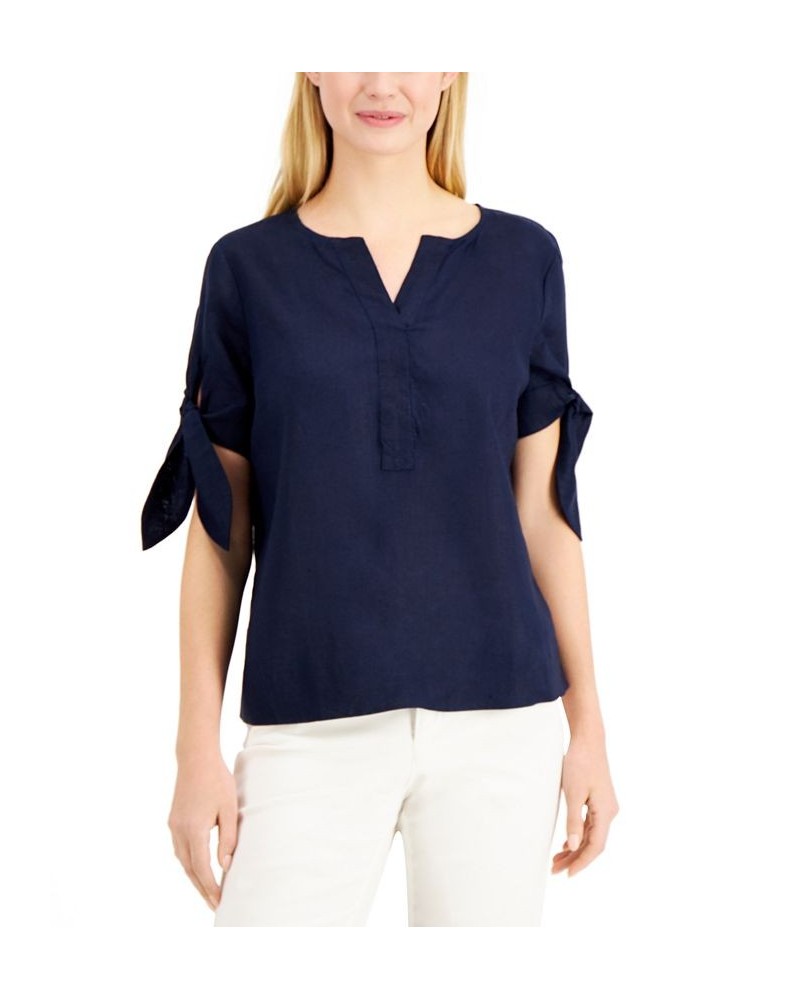 Women's Linen Split-Neck Tie-Cuff Top Bright White $16.30 Tops