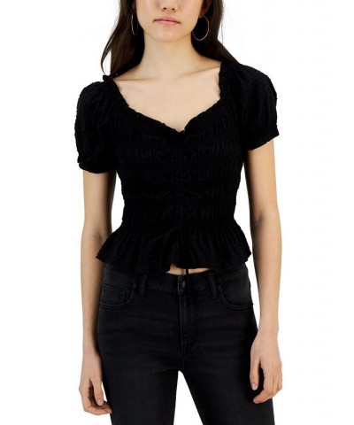 Juniors' Clip-Dot Smocked Top Black $13.00 Tops