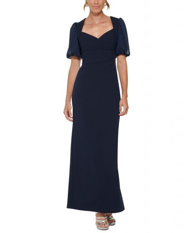 Women's V-Neck Puff-Sleeve Mixed Media Dress Midnight $93.21 Dresses