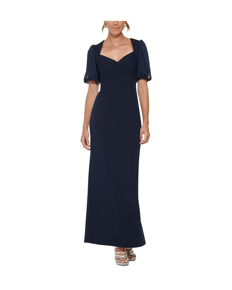 Women's V-Neck Puff-Sleeve Mixed Media Dress Midnight $93.21 Dresses