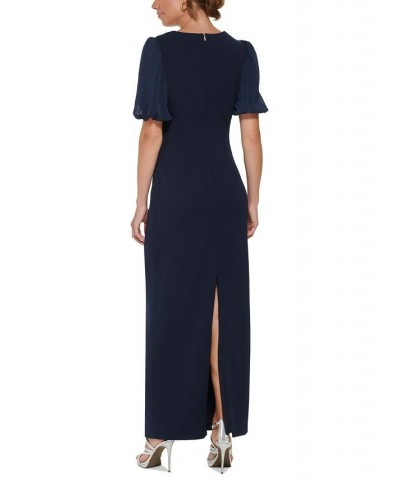 Women's V-Neck Puff-Sleeve Mixed Media Dress Midnight $93.21 Dresses