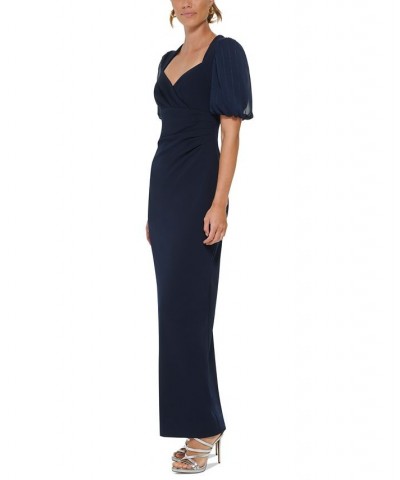 Women's V-Neck Puff-Sleeve Mixed Media Dress Midnight $93.21 Dresses