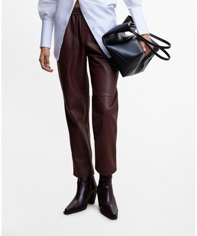 Women's Leather-Effect Elastic Waist Trousers Burgundy $33.60 Pants