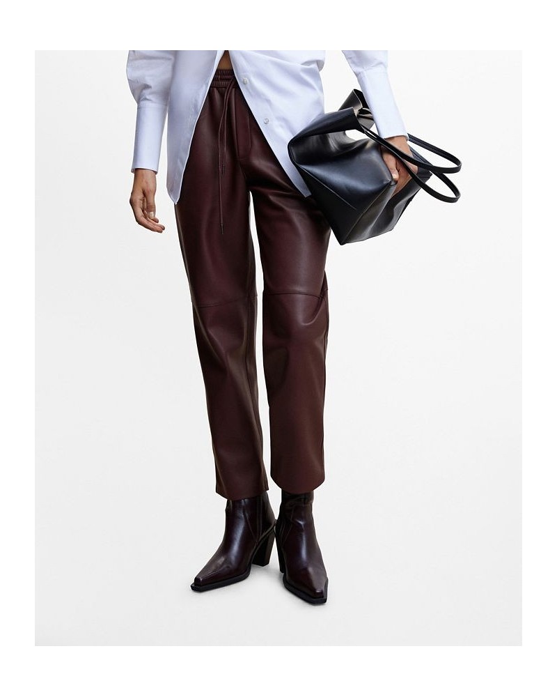 Women's Leather-Effect Elastic Waist Trousers Burgundy $33.60 Pants