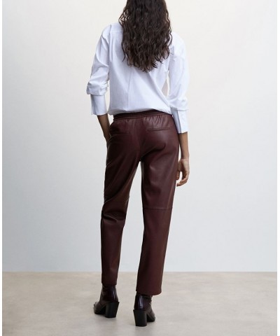 Women's Leather-Effect Elastic Waist Trousers Burgundy $33.60 Pants