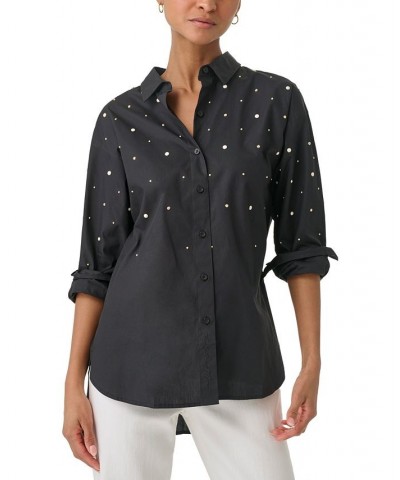 Women's Embellished Button-Down Poplin Blouse Black $32.55 Tops