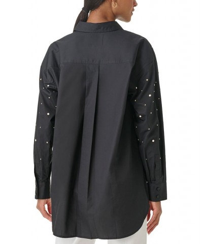 Women's Embellished Button-Down Poplin Blouse Black $32.55 Tops