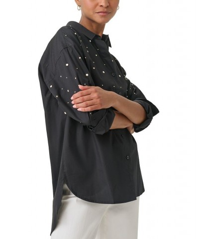 Women's Embellished Button-Down Poplin Blouse Black $32.55 Tops