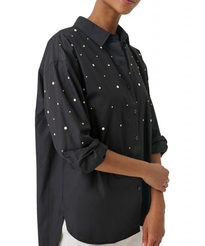 Women's Embellished Button-Down Poplin Blouse Black $32.55 Tops