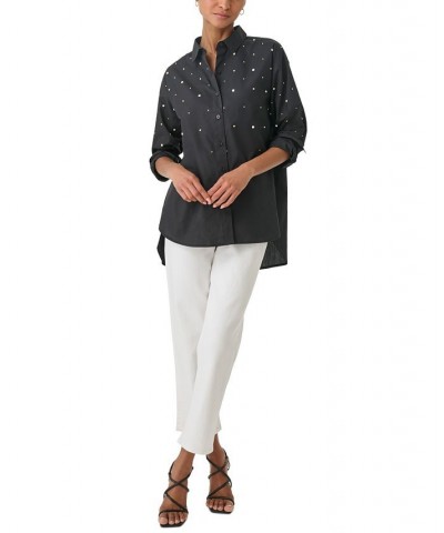 Women's Embellished Button-Down Poplin Blouse Black $32.55 Tops