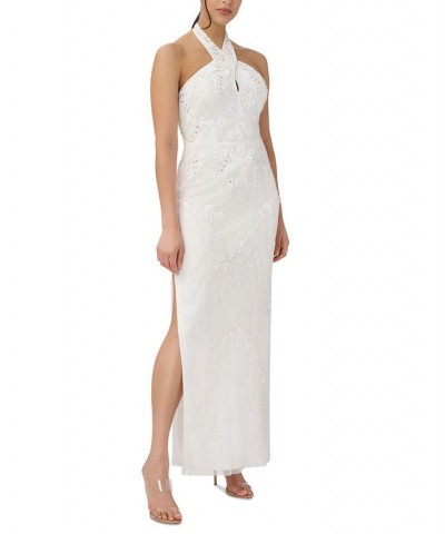 Women's Halter-Neck Sleeveless Embellished Gown Ivory $145.77 Dresses