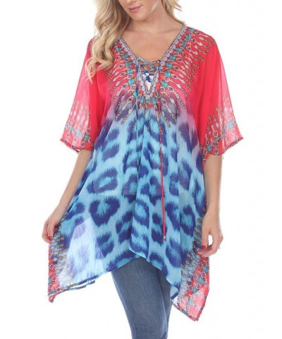 Women's Animal Print Caftan with Tie-Up Neckline Pink $28.52 Tops