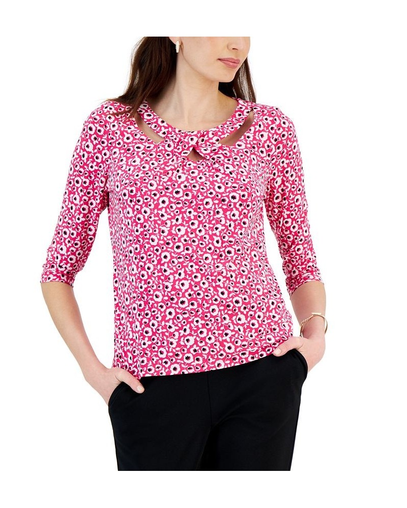 Women's Printed Twist-Neck 3/4-Sleeve Blouse Pink $31.60 Tops