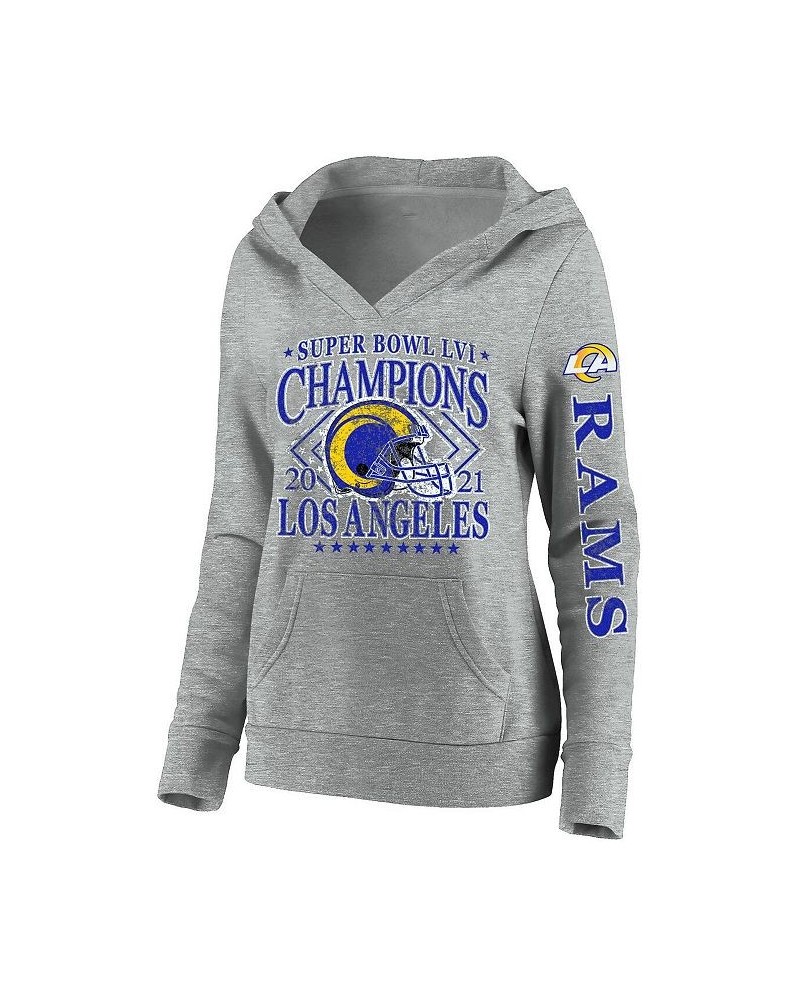 Women's Los Angeles Rams Super Bowl LVI Champions Retro V-Neck Plus Size Pullover Hoodie Heathered Gray $37.22 Sweatshirts