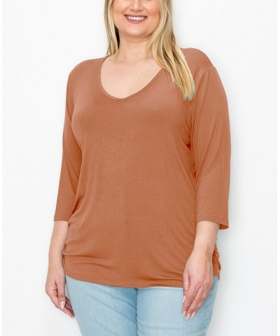 Plus Size V-neck Side Ruched 3/4 Sleeve Top Dusty Green $16.72 Tops