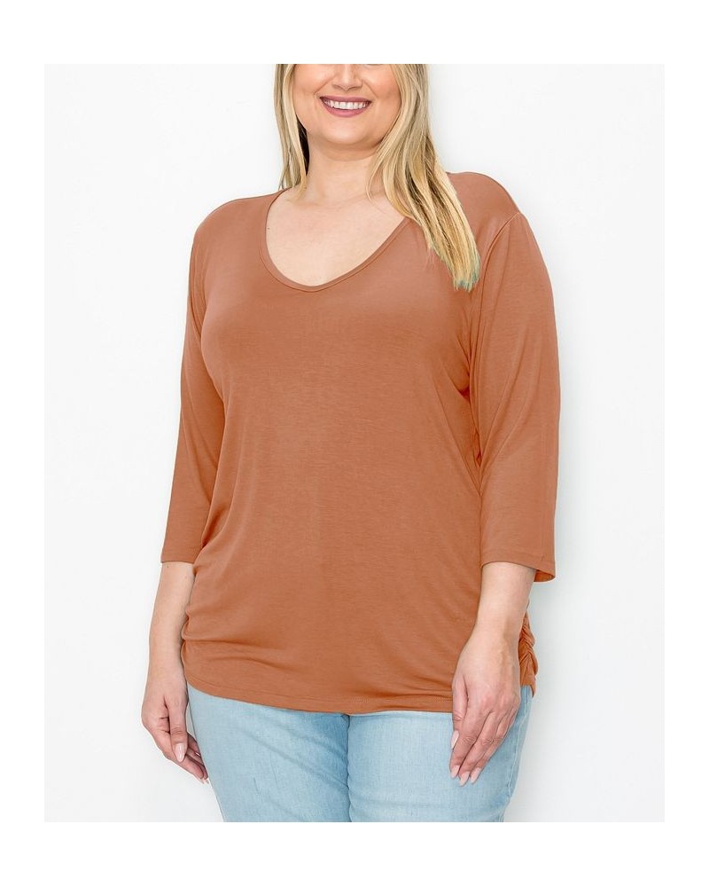 Plus Size V-neck Side Ruched 3/4 Sleeve Top Dusty Green $16.72 Tops