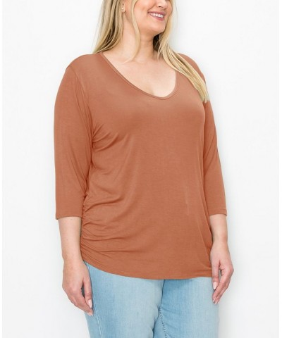 Plus Size V-neck Side Ruched 3/4 Sleeve Top Dusty Green $16.72 Tops