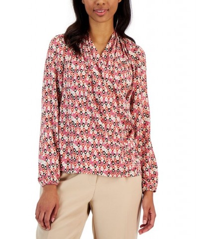 Women's Printed Flat Satin Long-Sleeve Faux-Wrap Draped Blouse Latte Multi $28.53 Tops