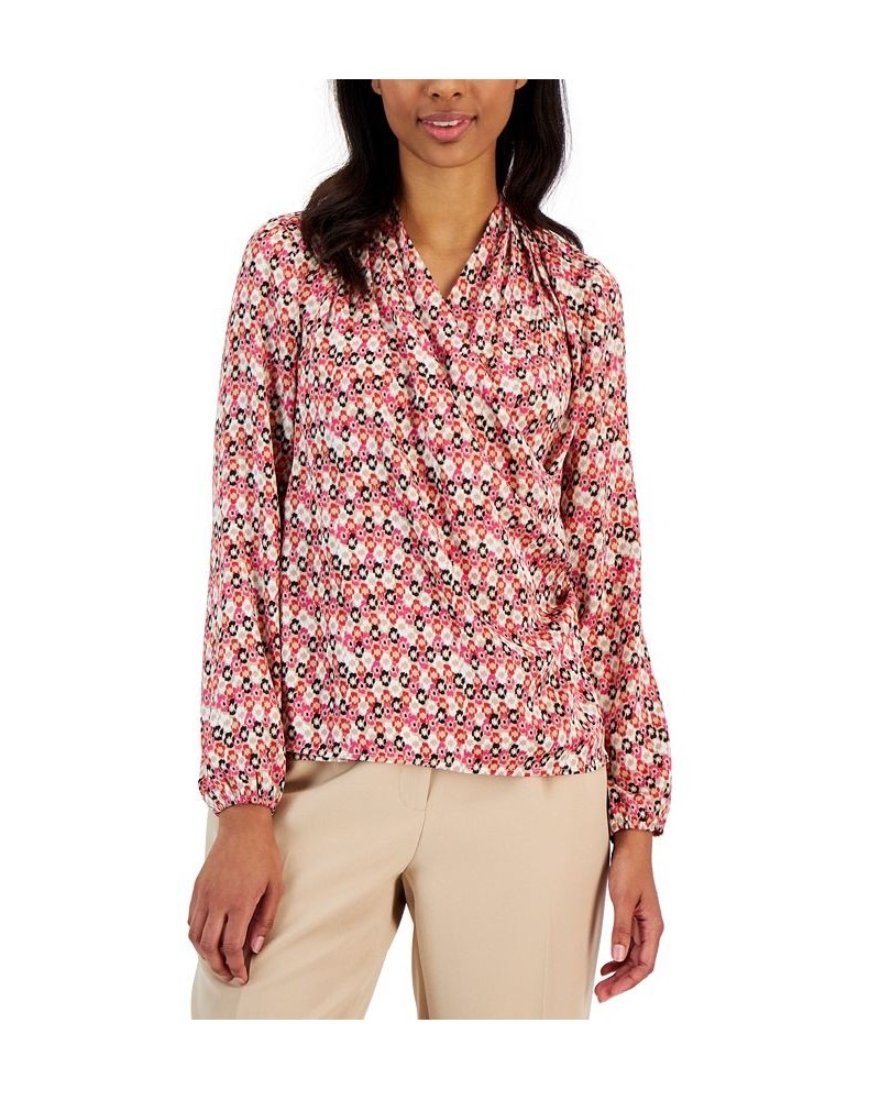 Women's Printed Flat Satin Long-Sleeve Faux-Wrap Draped Blouse Latte Multi $28.53 Tops