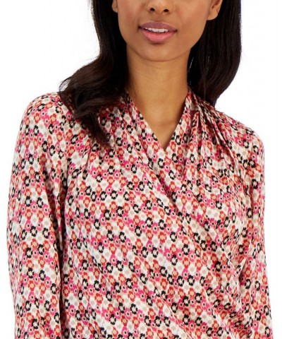 Women's Printed Flat Satin Long-Sleeve Faux-Wrap Draped Blouse Latte Multi $28.53 Tops