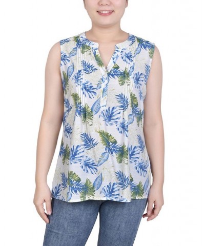 Petite Sleeveless Printed Pintucked Blouse Ivory Tropical Leaves $12.71 Tops