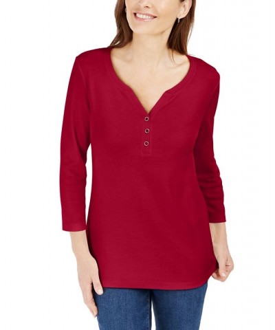 Petite 3/4-Sleeve Henley Shirt New Red Amore $10.82 Tops