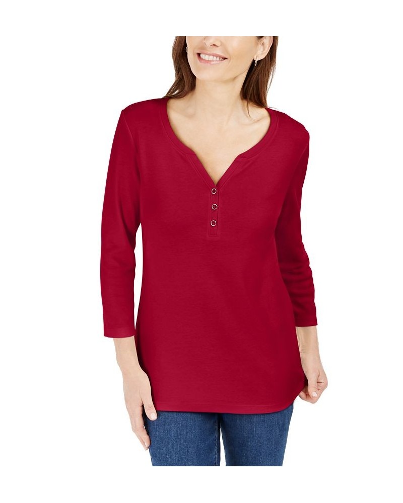 Petite 3/4-Sleeve Henley Shirt New Red Amore $10.82 Tops