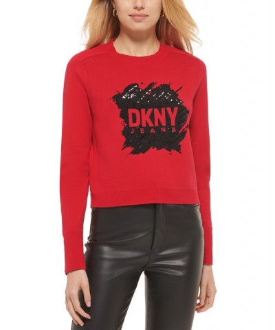 Women's Sequin Logo Crewneck Sweater Red $31.57 Sweaters