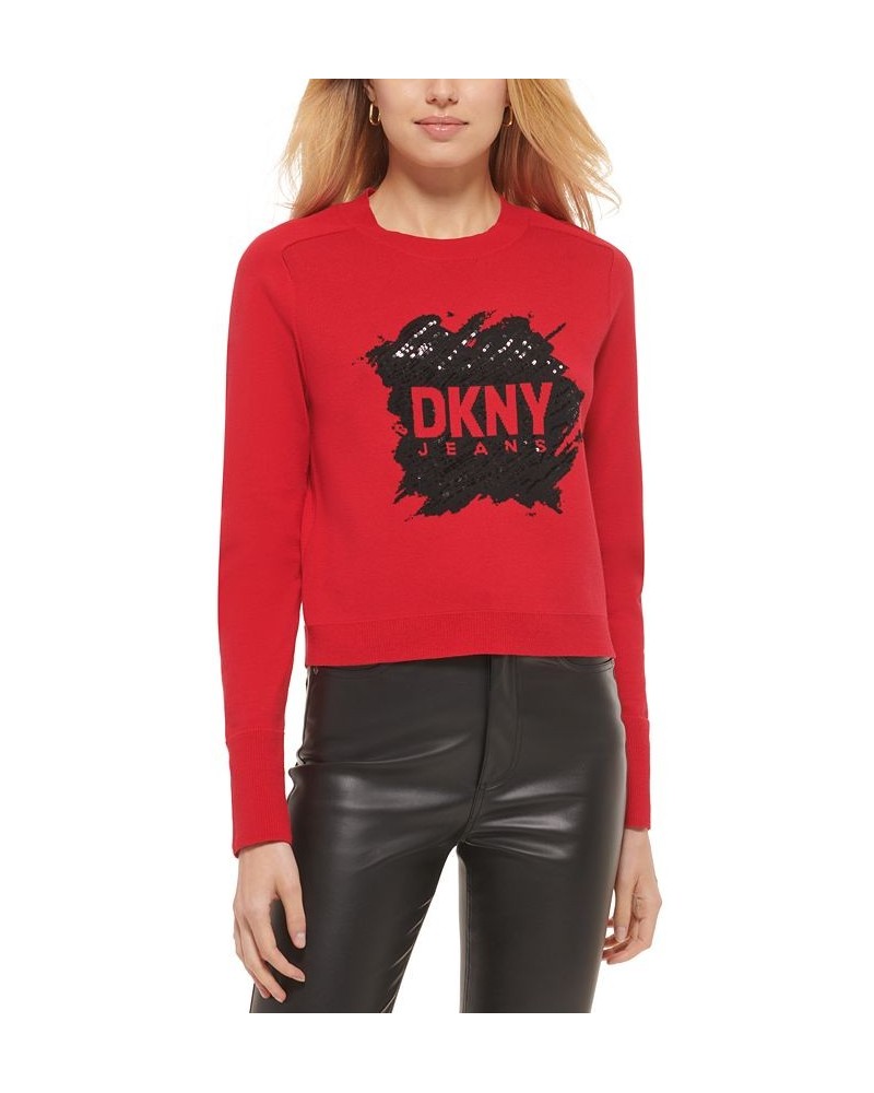 Women's Sequin Logo Crewneck Sweater Red $31.57 Sweaters