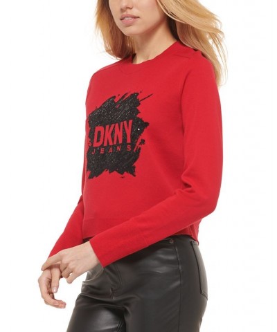 Women's Sequin Logo Crewneck Sweater Red $31.57 Sweaters