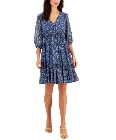 Petite V-Neck Smocked-Waist Fit & Flare Dress Navy Sky Blue $38.08 Dresses