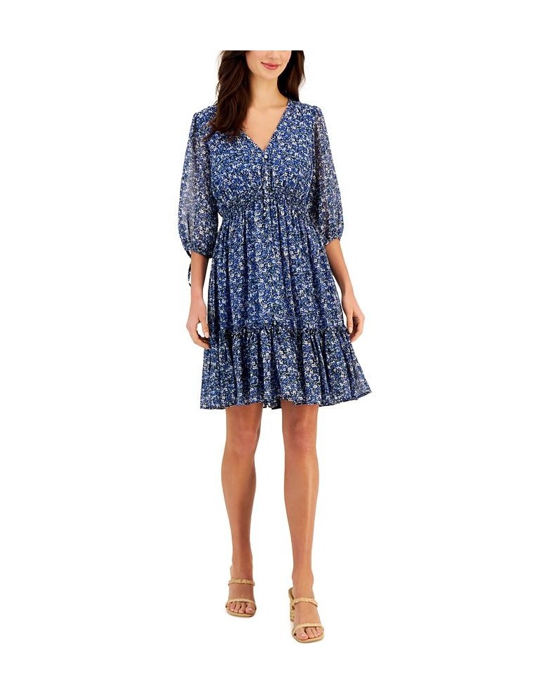 Petite V-Neck Smocked-Waist Fit & Flare Dress Navy Sky Blue $38.08 Dresses