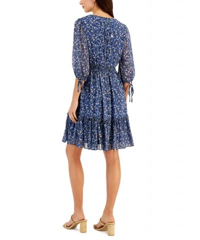 Petite V-Neck Smocked-Waist Fit & Flare Dress Navy Sky Blue $38.08 Dresses