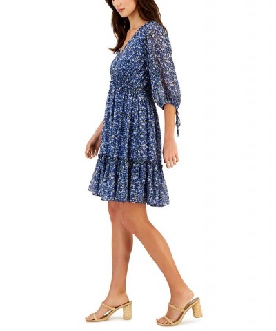 Petite V-Neck Smocked-Waist Fit & Flare Dress Navy Sky Blue $38.08 Dresses