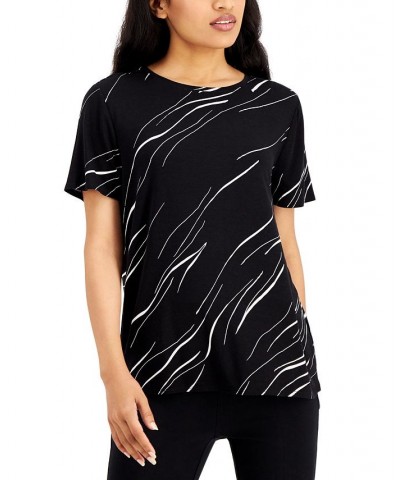 Petite Printed Crewneck T-Shirt Black Linear Breeze $9.86 Tops