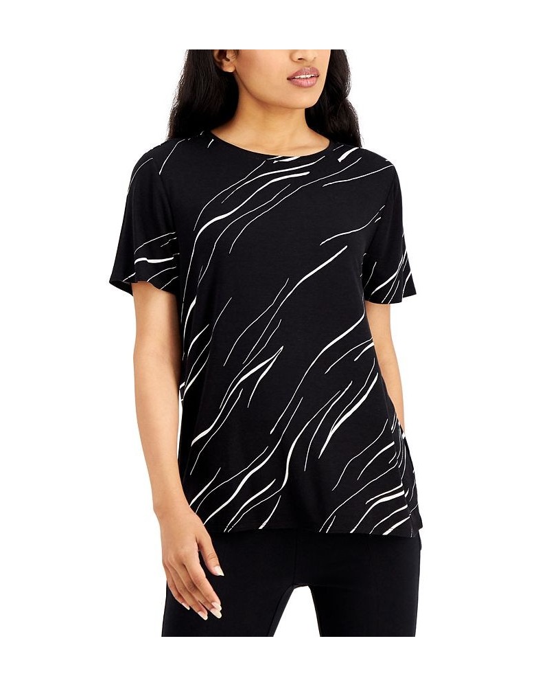 Petite Printed Crewneck T-Shirt Black Linear Breeze $9.86 Tops