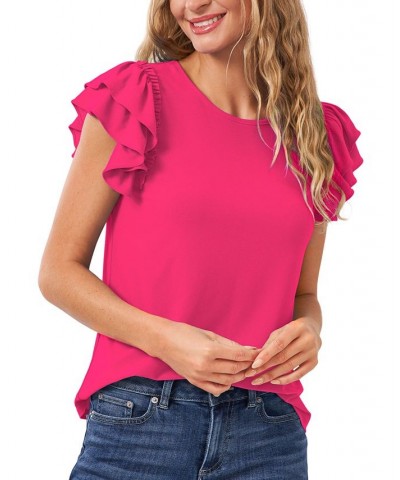 Women's Ruffled Flutter-Sleeve Short Sleeve Knit Top Pink $25.47 Tops