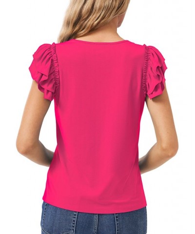 Women's Ruffled Flutter-Sleeve Short Sleeve Knit Top Pink $25.47 Tops